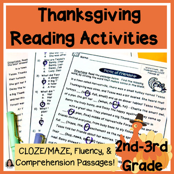 Preview of No Prep 2nd-3rd Grade Thanksgiving Reading Activities | Maze, CLOZE, & Fluency