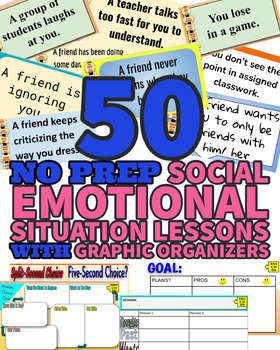 Preview of No Prep 50 Social Skills Situations Google Slides With Visual Organizers