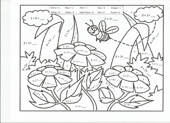 Preview of No Prep - Addition and Subtraction Color by Number: Spring Theme, Bee & Flowers