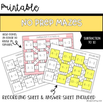 Preview of No Prep Subtraction to 10 Mazes l Printable