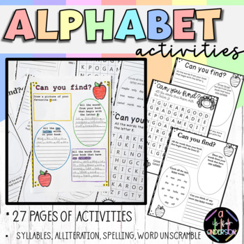 Preview of No Prep Alphabet Worksheets | Literacy - Alliteration - Syllables - Word Find