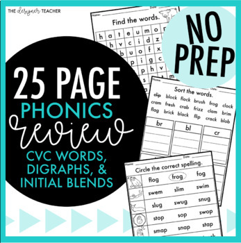 Preview of No Prep Beginner Phonics Review: CVC Words Digraphs Blends Worksheets 1st Grade
