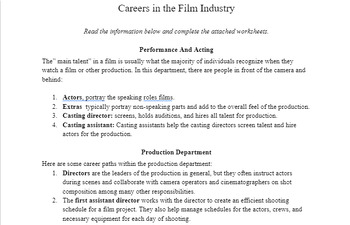 Preview of No Prep: Careers in Film Worksheet