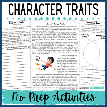 Preview of No Prep Character Traits Activities - Character Trait Passages and Worksheets