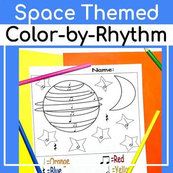 Preview of No Prep | Color-by-Rhythm Space-Themed Worksheets | Early Years Music