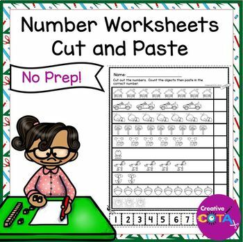 Preview of Kindergarten Math No Prep Cut & Paste Worksheets Number Sense 1-10 Counting