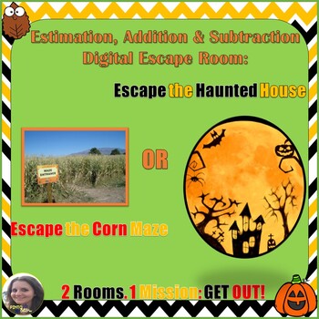 Preview of No Prep Digital Escape Room Haunted House/Corn Maze Estimate with Add and Sub!