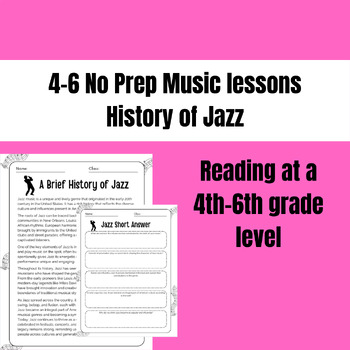 Preview of Jazz Music Lesson No Prep Elementary Music History 4-6 Sub Plans