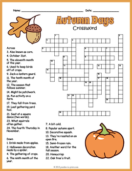 No Prep Fall Activity - Autumn Days Crossword Puzzle Worksheet - 4 ...