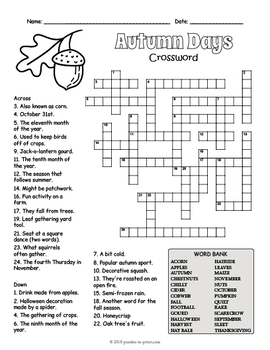 No Prep Fall Activity - Autumn Days Crossword Puzzle Worksheet - 4 ...