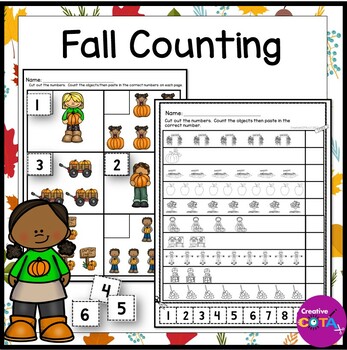 Preview of No Prep Fall Kindergarten Math Worksheets Numbers 1-10 Counting Cut & Paste