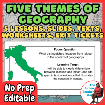 Preview of No-Prep Five Themes of Geography Mini Unit: Editable Lessons, Texts, & Worksheet