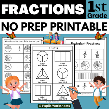 Preview of No Prep Fractions Printables | First Grade Math Centers | Fractions Activities