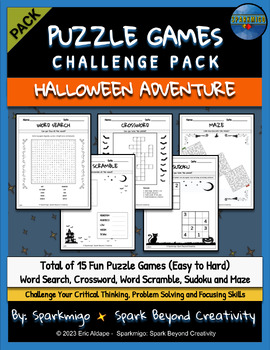 Preview of No Prep Halloween Fun Puzzle Activities Pack Word Search Sudoku Crossword Mazes