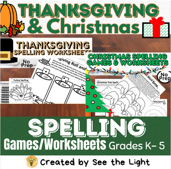 Preview of No Prep Holiday Spelling for Thanksgiving & Christmas for First Grade Centers