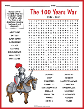 no prep hundred years war word search by puzzles to print