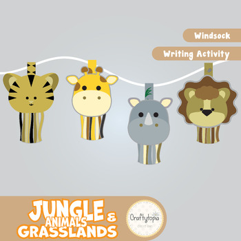 Preview of No-Prep Jungle & Grassland Animal Writing Story Windsocks | Craft Activity Decor