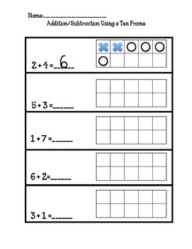 Preview of No Prep, Kindergarten Math Worksheets, Addition and Subtraction Using 10 Frame