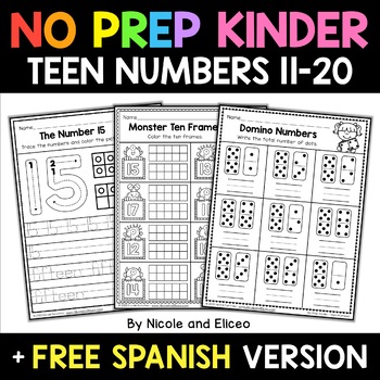 Preview of No Prep Kindergarten Teen Numbers 11-20 Activities + FREE Spanish Version