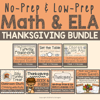 Preview of No-Prep & Low-Prep Math & ELA BUNDLE - Thanksgiving