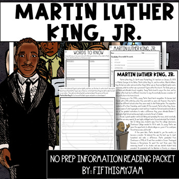 Preview of No Prep Martin Luther King Junior Information Reading Packet