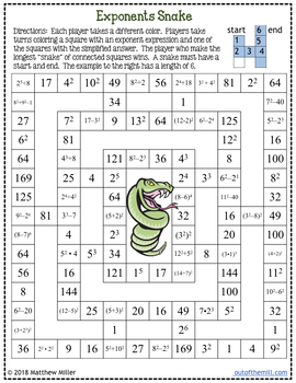 No-Prep Math Game: Exponents Snake (6.EE.1) by Out of the Mill | TpT
