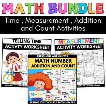 Preview of No Prep Math bundle activities worksheet - Time Clock,Measurement,Addition,Count