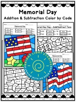 Preview of No Prep Memorial Day/Veteran's Day Addition / Subtraction Color by Code