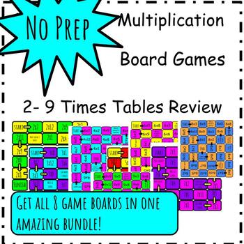Preview of No Prep Multiplication Board Game Bundle- 2-9 Times Tables