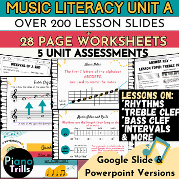 Preview of Music Theory Lessons Unit A with Slides, Worksheets, Assessments