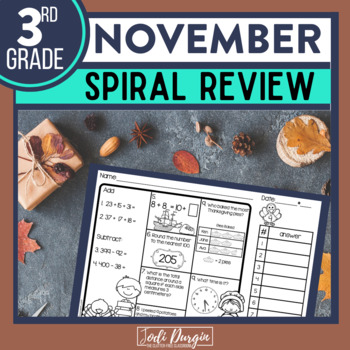 Preview of NOVEMBER Spiral Review Worksheets Thanksgiving Math Activities 3rd Grade Third