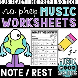 No-Prep, No-Tech, Sub-Ready Music Worksheets - Notes and R