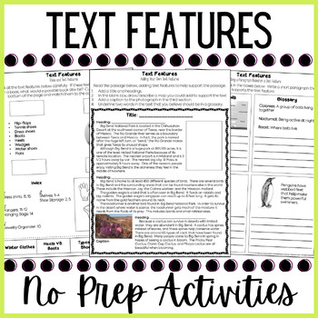 Preview of No Prep Nonfiction Text Features Worksheets, Activities, Practice, Review