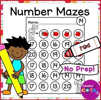 no prep math worksheets number recognition mazes numbers 1 20 tpt