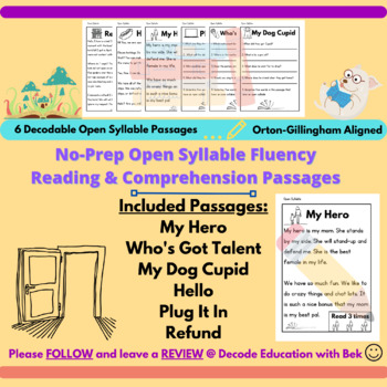 Preview of 6 No-Prep Open Syllable V/CV Decodable Reading Fluency & Comprehension Passages