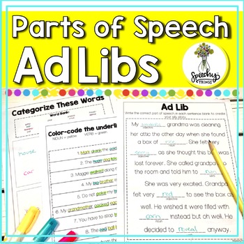 Preview of Parts of Speech Grammar Worksheets - Speech Therapy Homework - No Prep