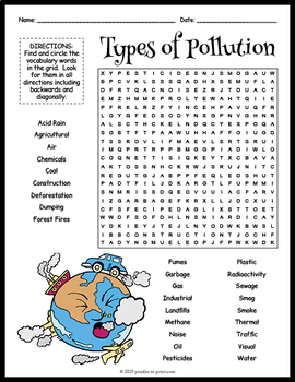 Preview of TYPES OF POLLUTION (Air, Water, Plastic) Word Search Puzzle Worksheet Activity