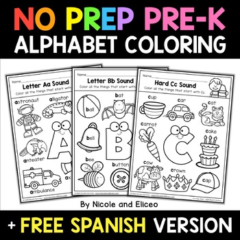 Preview of No Prep Preschool Alphabet Coloring Sheets + FREE Spanish