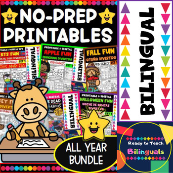 Preview of No - Prep Printables in Spanish - Entire Year Bundle - Math & Literacy - Dual