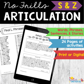 Preview of No Prep S and Z Articulation Words, Phrases, Sentences, and Stories