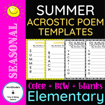 No Prep SUMMER Acrostic Poem Templates Pack - Color, B&W AND Blank ...