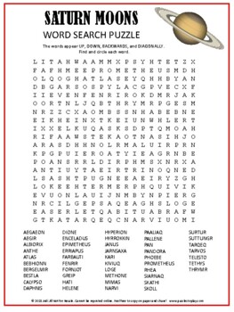 Preview of No Prep! Saturn Moons Word Search Puzzle | Planet Space Activity Worksheet