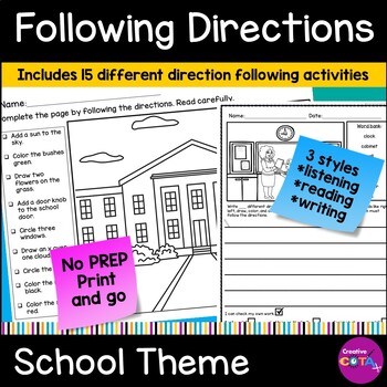 Preview of Following Directions School Coloring Pages Listening & Reading Skills Activity