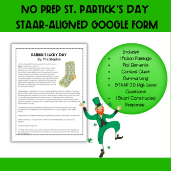 Preview of No Prep St. Patrick's Day Reading Comprehension Google Form + STAAR 2.0 Aligned 