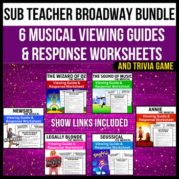 Preview of No Prep Sub Teacher Bundle → Theatre Viewing Worksheets, Show Links, & Trivia