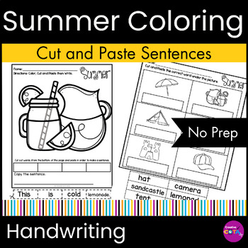 Preview of No Prep Summer Handwriting Coloring Pages Cut & Paste Sentence Worksheets