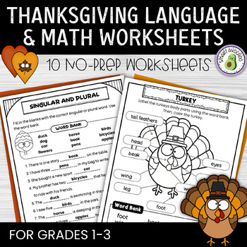 Preview of No-Prep Thanksgiving Language and Math Activities/ Worksheets Grades 1-3