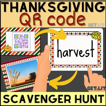Preview of No Prep Thanksgiving game QR code Scavenger Hunt with worksheets for writing