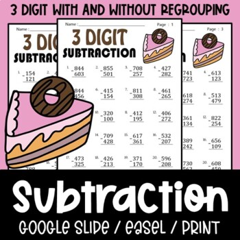 Preview of No Prep Triple Digit Subtraction With / Without Regrouping Printables & Digital