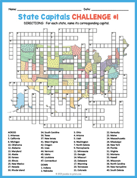 No Prep US Geography Worksheet - State Capitals Crosswords by Puzzles